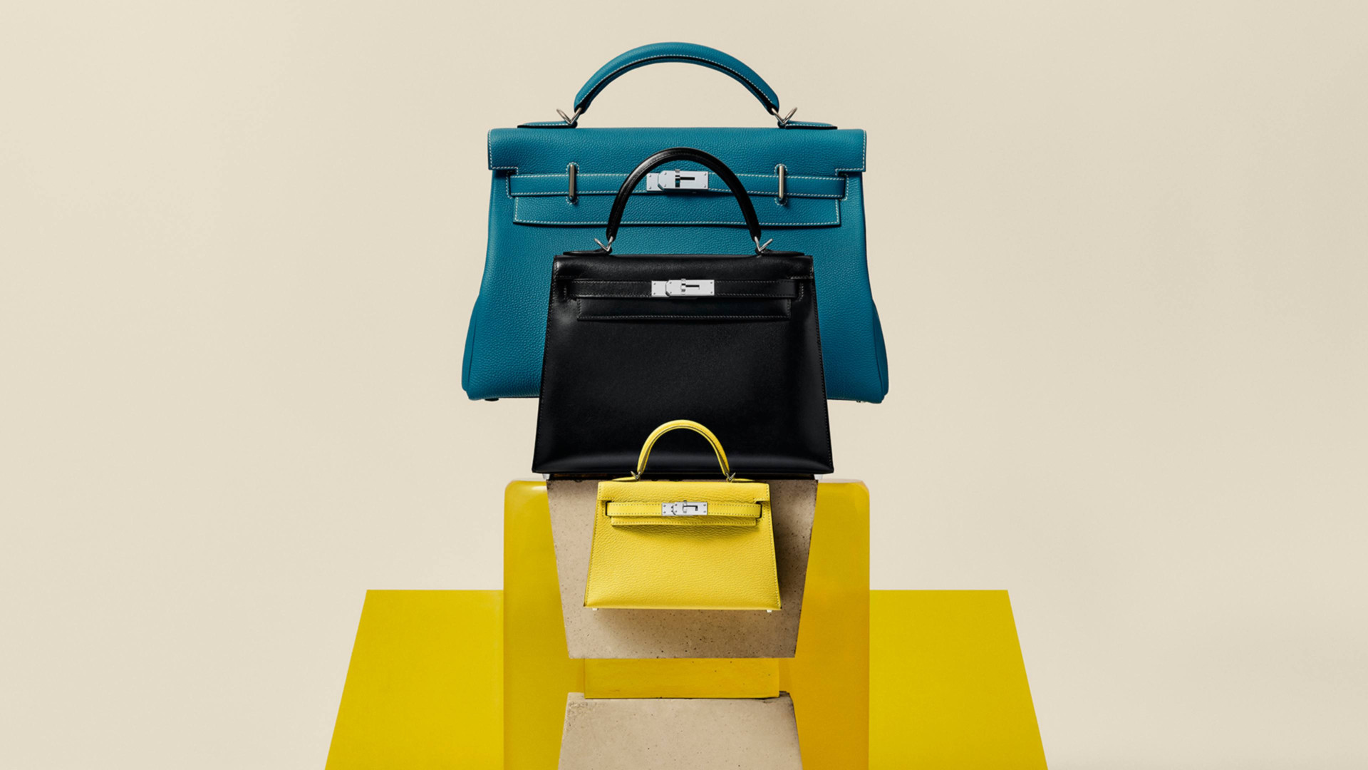 Hermès Kelly, голубая, черная, желтая сумочки